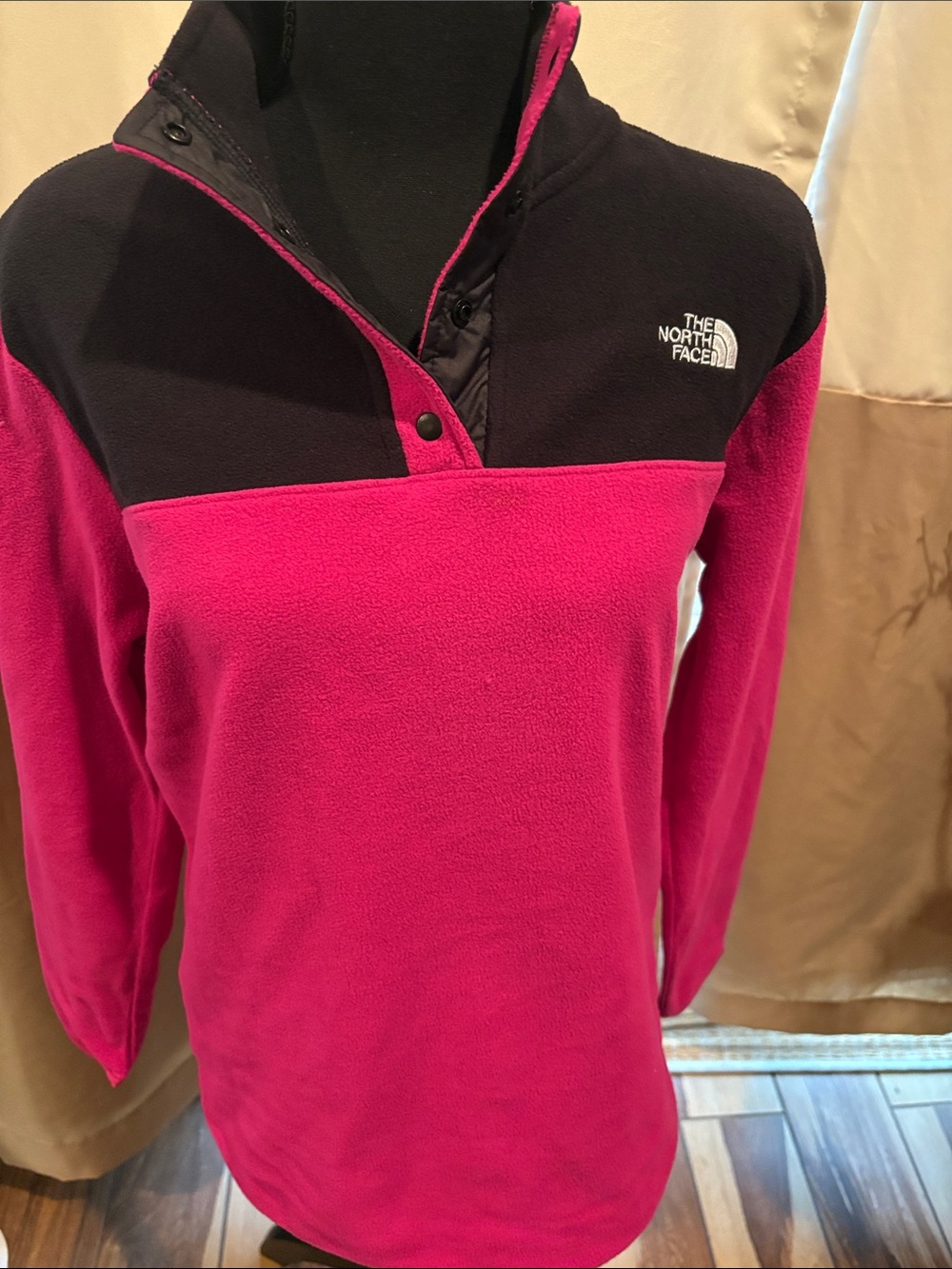 The North Face Pink and Black Snap-Placket Fleece Pullover